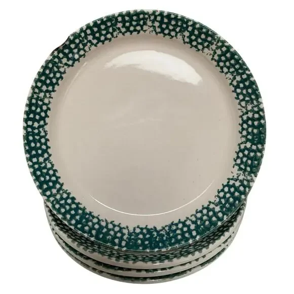 VTG Thomson Stoneware Green Sponge Pinecone Handled Soup Bowls & Plates Set of 4 - Picture 4 of 7